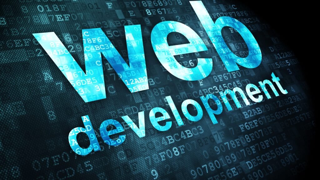 Texte "Web Development" sur fond de code binaire.