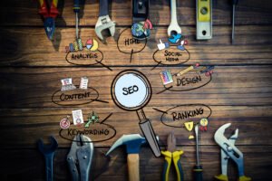 Outils du SEO local comprenant l'analyse, le contenu, le référencement, les mots clés, les médias sociaux et le design.