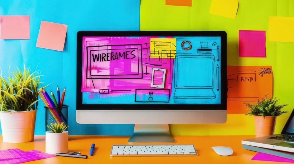 Écran d'ordinateur affichant des wireframes, première étape dans la refonte de site web