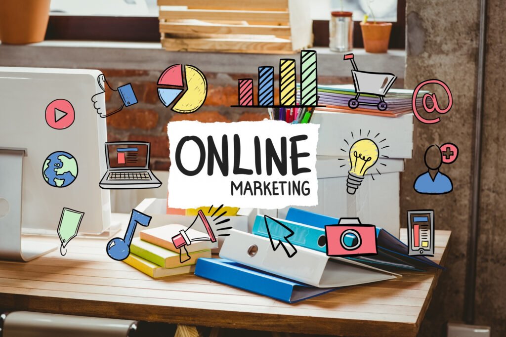 Bureau avec des outils et graphiques sur le Marketing Digital en ligne.