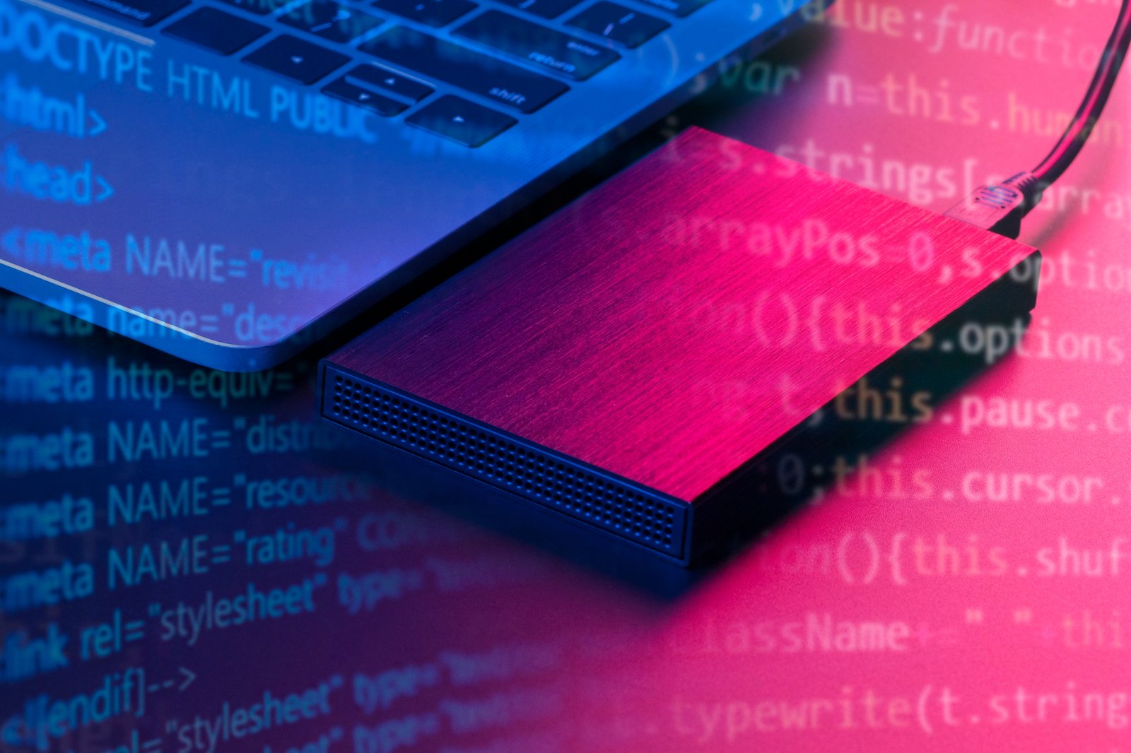 Illustration d’un disque dur et de code HTML, symbolisant l’importance des balises méta.