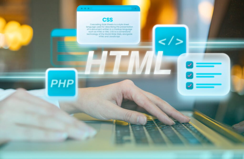 Travailleur tapant du code HTML, illustrant la création de balises méta optimisées.