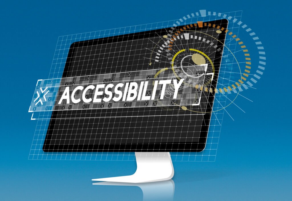 Concept numérique illustrant l’accessibilité web sur écran avec design technique et surcouches graphiques.