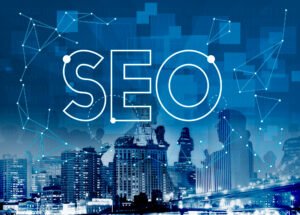Illustration du concept de SEO international sur un paysage urbain connecté