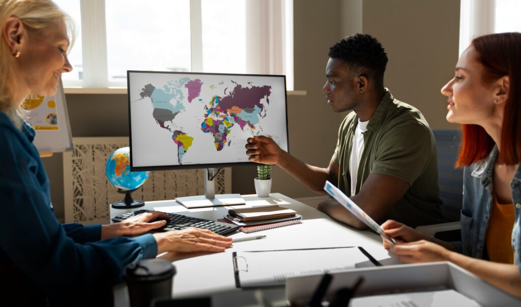 Réunion stratégique autour d'une carte pour planifier un SEO international multilingue